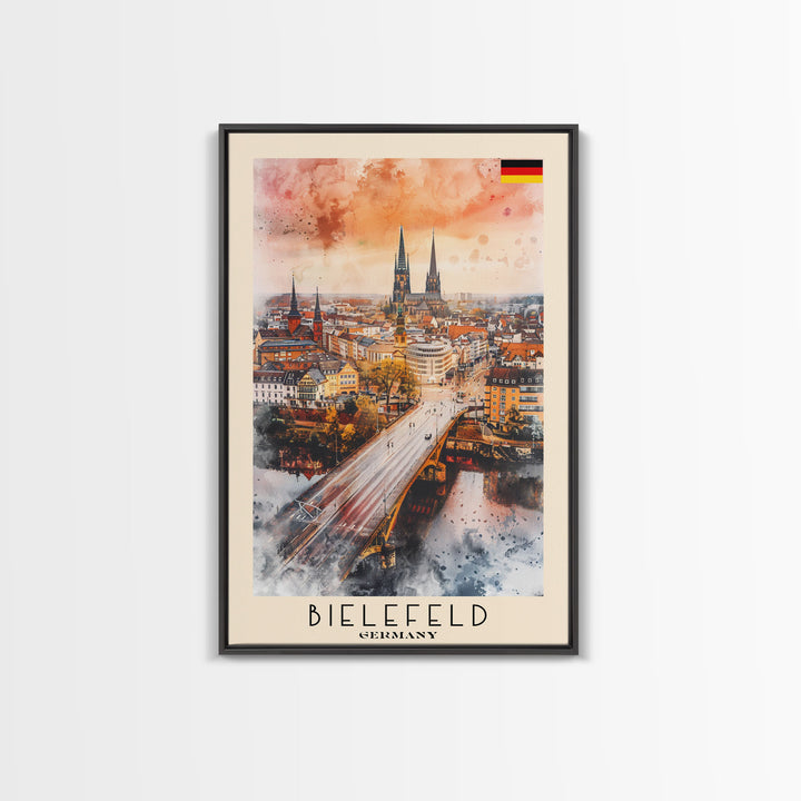 Bielefeld Germany Travel Poster Framed Canvas Print, Watercolor Art, Home Decor, Wall Art, Travel Print, Cityscape Art