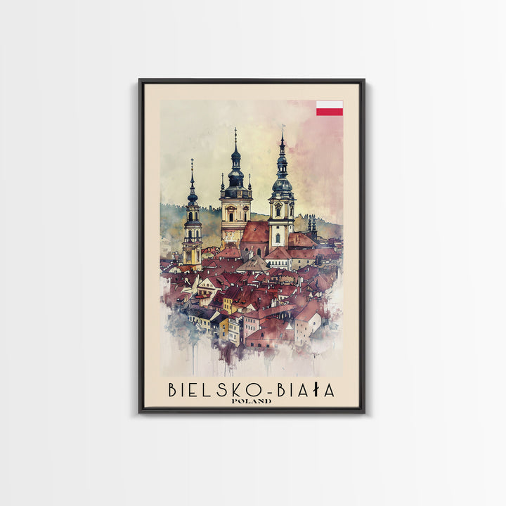 Bielsko-Biała Poland Travel Poster Framed Canvas Print, Watercolor Painting, Wall Art, Home Decor, Travel Print, Historic Cityscape