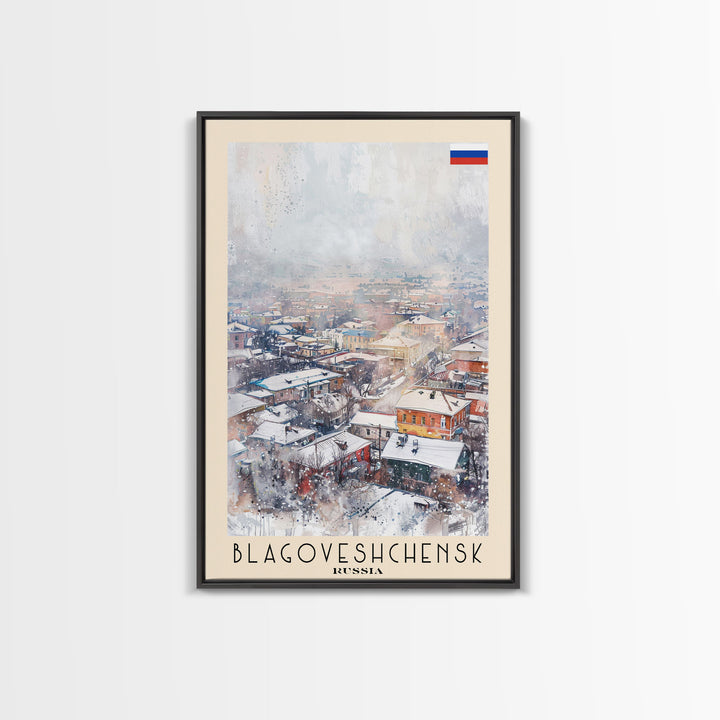 Blagoveshchensk Russia Travel Poster Framed Canvas Print, Wall Art, Home Decor, Travel Print, Winter Scene, Original Art