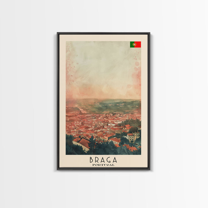 Braga Portugal Travel Poster Framed Canvas Print, Wall Art, Home Decor, Travel Print, Sunset Scene, Boho Art, Original Art