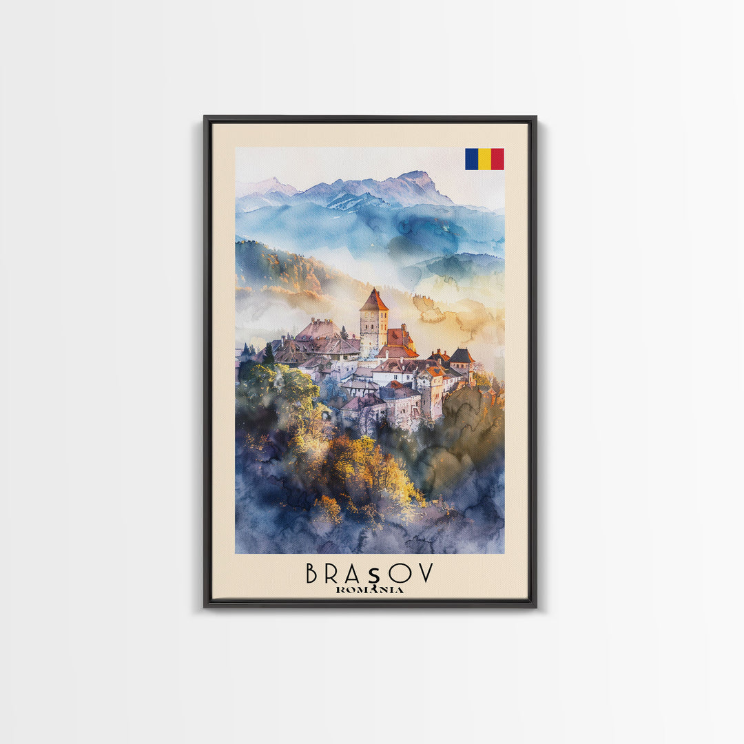Bra?ov Romania Travel Poster Framed Canvas Print, Wall Art, Home Decor, Travel Print, Mountain View, Watercolor Painting, Original Art