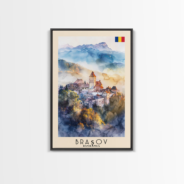 Bra?ov Romania Travel Poster Framed Canvas Print, Wall Art, Home Decor, Travel Print, Mountain View, Watercolor Painting, Original Art
