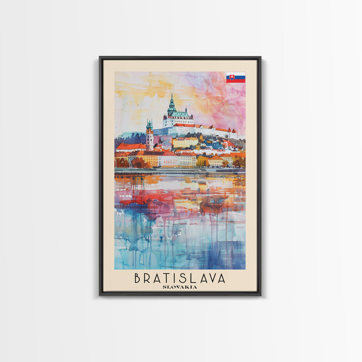 Bratislava Slovakia Travel Poster Framed Canvas Print, Wall Art, Home Decor, Watercolor Painting, Travel Print, Boho Style Art