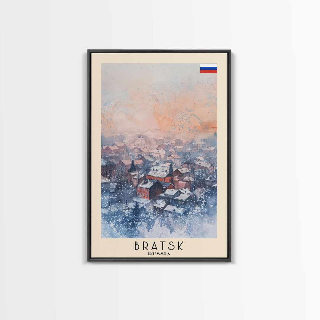 Bratsk Russia Travel Poster Framed Canvas Print, Winter Scene, Wall Art, Home Decor, Travel Print, Abstract Watercolor, Minimalist Art