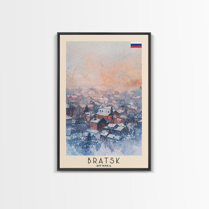 Bratsk Russia Travel Poster Framed Canvas Print, Winter Scene, Wall Art, Home Decor, Travel Print, Abstract Watercolor, Minimalist Art