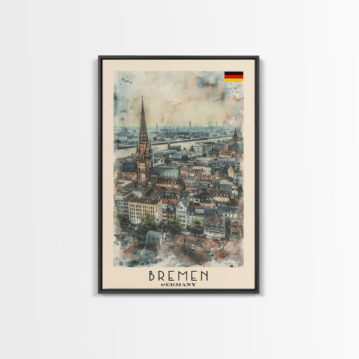 Bremen Germany Travel Poster Framed Canvas Print, Cityscape Art, Wall Decor, Travel Print, Watercolor Painting, Urban Scene, Minimalist Art