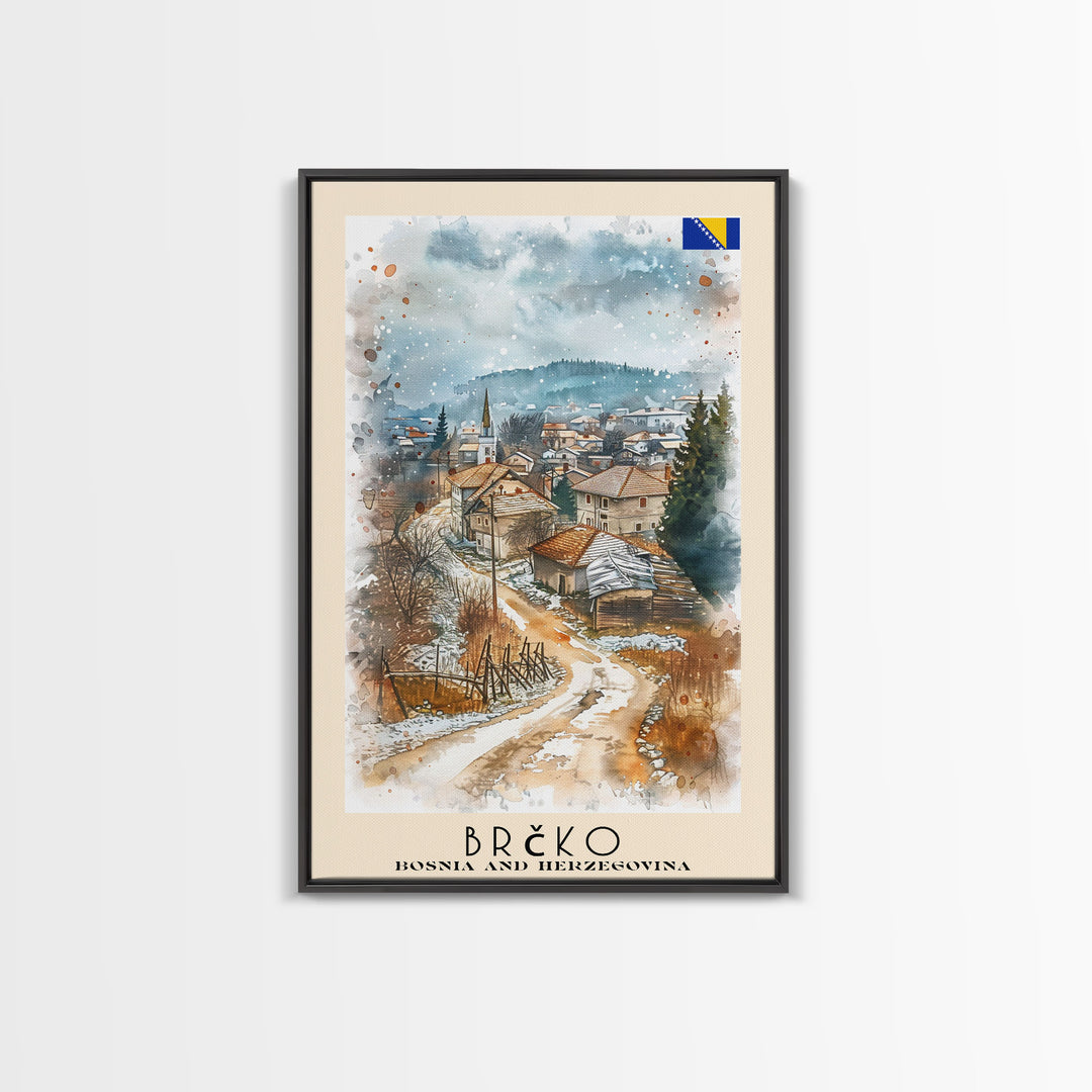 Brčko Bosnia Travel Poster Framed Canvas Print, Cityscape Art, Wall Decor, Travel Print, Watercolor Painting, Urban Scene Art