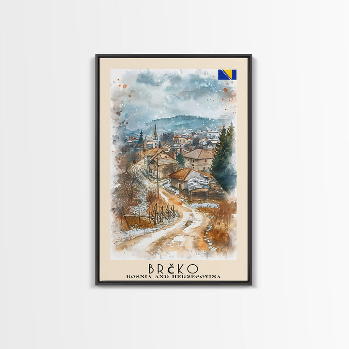 Brčko Bosnia Travel Poster Framed Canvas Print, Cityscape Art, Wall Decor, Travel Print, Watercolor Painting, Urban Scene Art