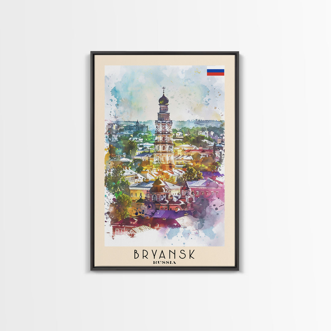 Bryansk Russia Travel Poster Framed Canvas Print, Watercolor Painting, Urban Scene, Wall Art, Home Decor, Bedroom Art, Minimalist Travel Print