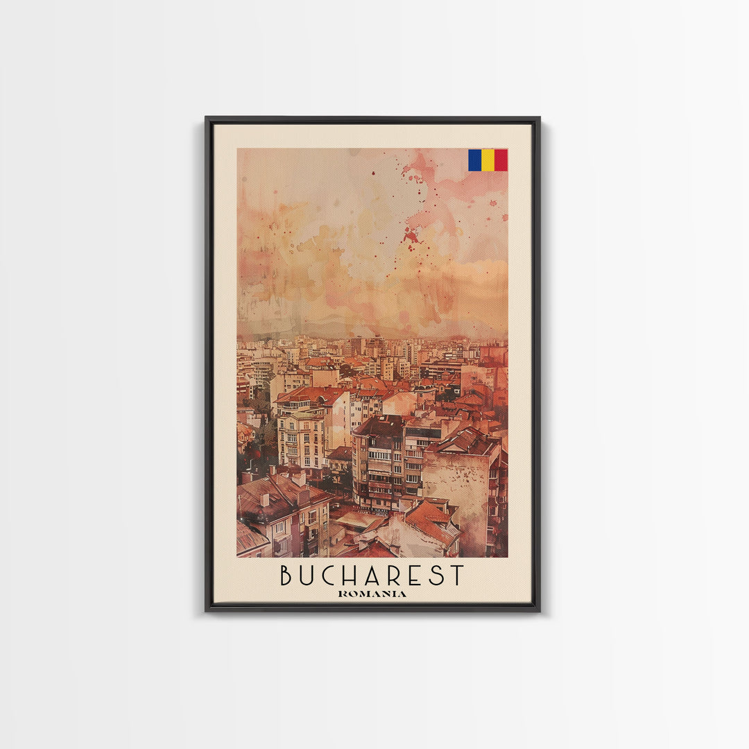 Bucharest Romania Travel Poster Framed Canvas Print, Abstract Cityscape, Boho Wall Art, Home Decor, Living Room Art, Watercolor Painting, Original Art