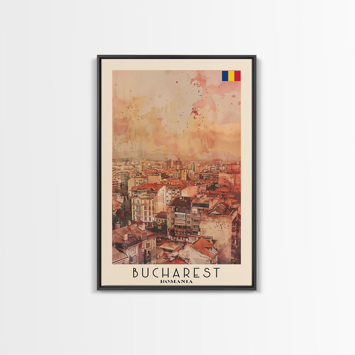 Bucharest Romania Travel Poster Framed Canvas Print, Abstract Cityscape, Boho Wall Art, Home Decor, Living Room Art, Watercolor Painting, Original Art