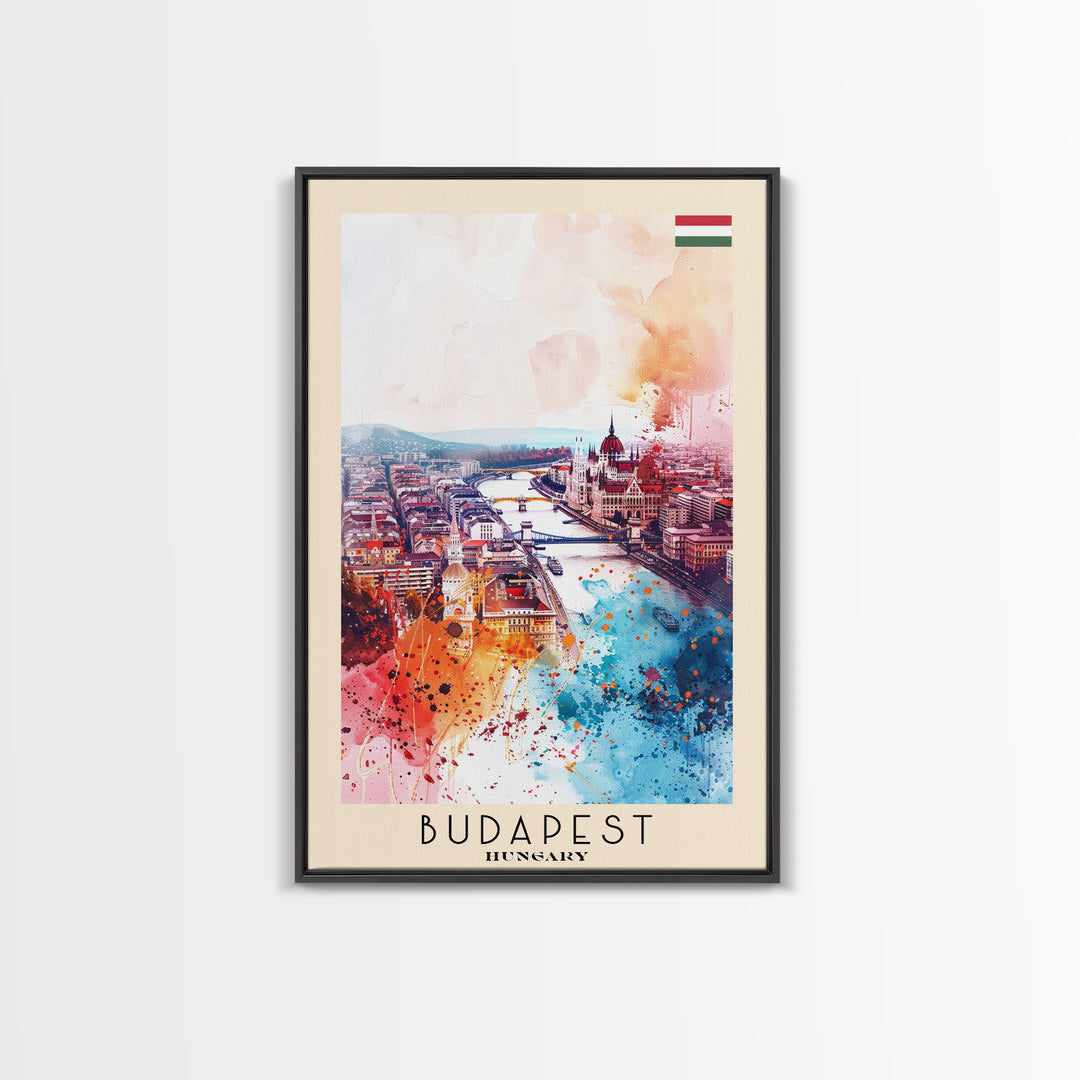 Budapest Hungary Travel Poster Framed Canvas Print, Colorful Watercolor Painting, Wall Art, Home Decor, Travel Print, Boho Style, Art Piece