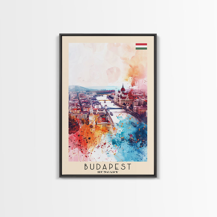 Budapest Hungary Travel Poster Framed Canvas Print, Colorful Watercolor Painting, Wall Art, Home Decor, Travel Print, Boho Style, Art Piece