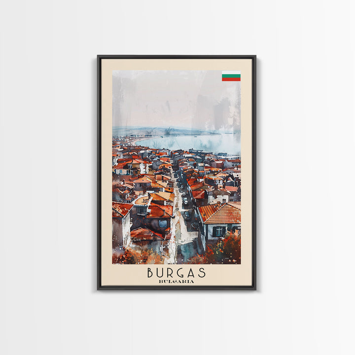 Burgas Bulgaria Travel Poster Framed Canvas Print, Coastal Cityscape, Watercolor Painting, Wall Art, Home Decor, Minimalist Travel Print, Urban Scene