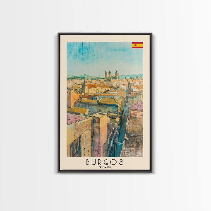 Burgos Spain Travel Poster Framed Canvas Print, Watercolor Cityscape, Wall Art, Home Decor, Living Room Art, Travel Print, Boho Style, Art Piece