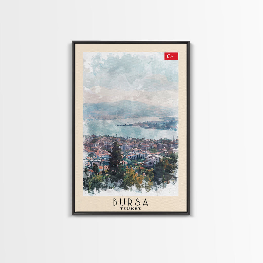 Bursa Turkey Travel Poster Framed Canvas Print, Watercolor Landscape, Wall Art, Home Decor, Travel Print, Minimalist Art, Urban Scene