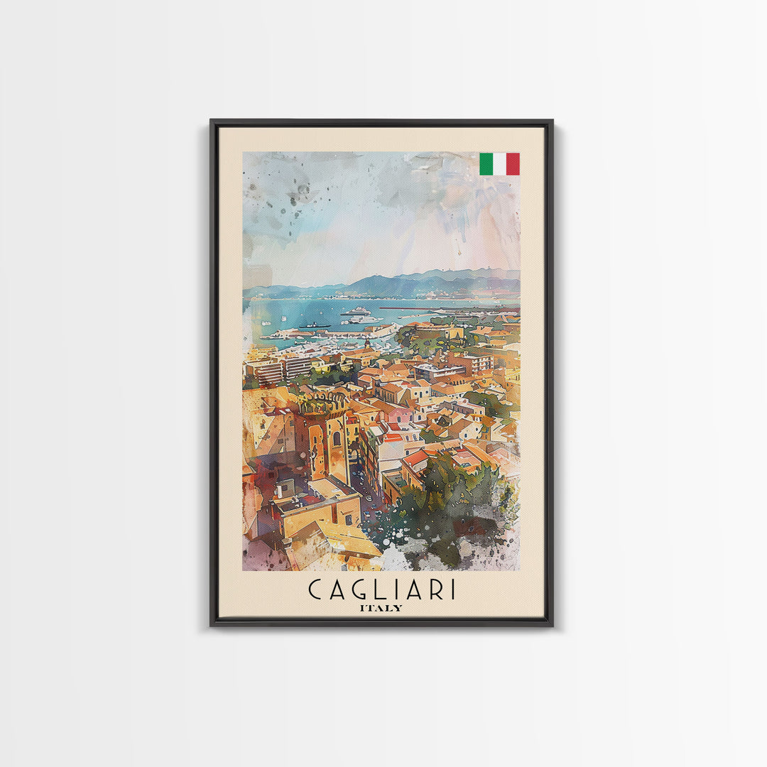 Cagliari Italy Travel Poster Framed Canvas Print, Wall Art, Home Decor, Travel Print, Vacation Gift, Watercolor Painting, Original Art