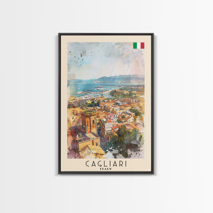 Cagliari Italy Travel Poster Framed Canvas Print, Wall Art, Home Decor, Travel Print, Vacation Gift, Watercolor Painting, Original Art