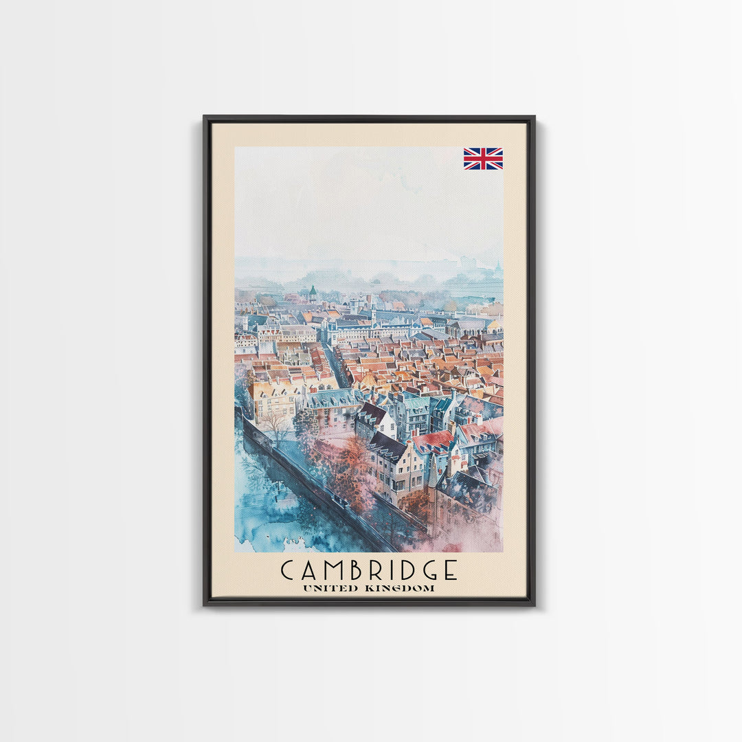 Cambridge United Kingdom Travel Poster Framed Canvas Print, Wall Art, Home Decor, Travel Print, Vacation Gift, Watercolor Painting, Original Art