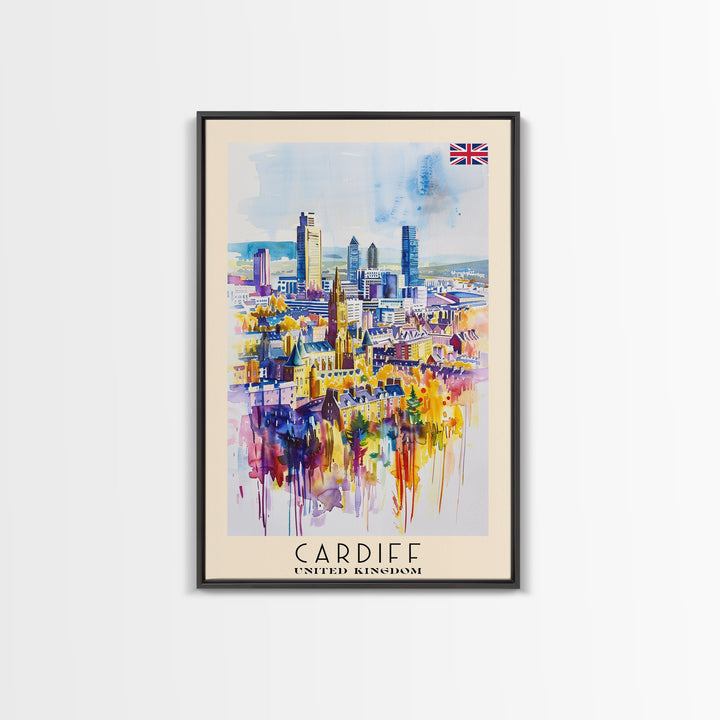 Cardiff United Kingdom Travel Poster Framed Canvas Print, Wall Art, Home Decor, Travel Print, Vacation Gift, Watercolor Painting, Original Art