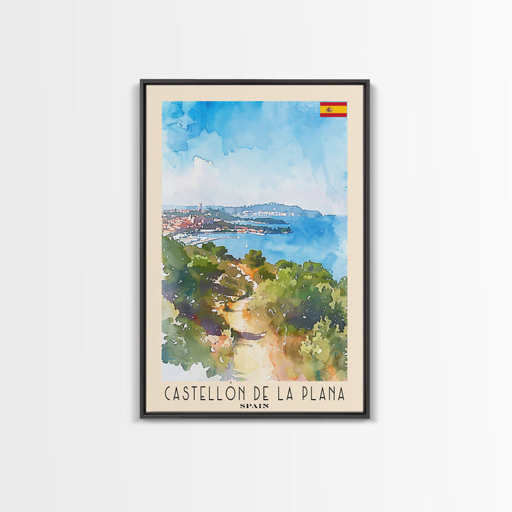 Castellón de la Plana Spain Travel Poster Framed Canvas Print, Wall Art, Home Decor, Travel Print, Vacation Gift, Watercolor Painting, Original Art