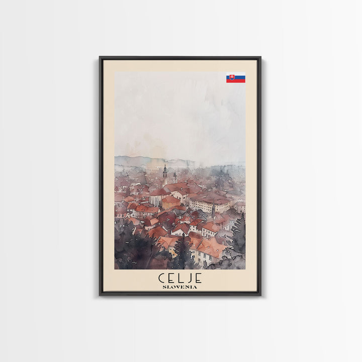 Celje Slovenia Travel Poster Framed Canvas Print, Wall Art, Home Decor, Travel Print, Vacation Gift, Watercolor Painting, Original Art