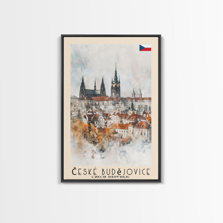 České Budějovice Czech Republic Travel Poster Framed Canvas Print, Wall Art, Home Decor, Travel Print, Vacation Gift, Watercolor Painting, Original Art