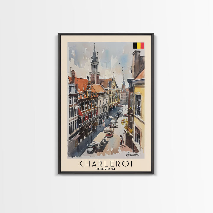 Charleroi Belgium Travel Poster Framed Canvas Print, Wall Art, Home Decor, Travel Print, Vacation Gift, Watercolor Painting, Original Art