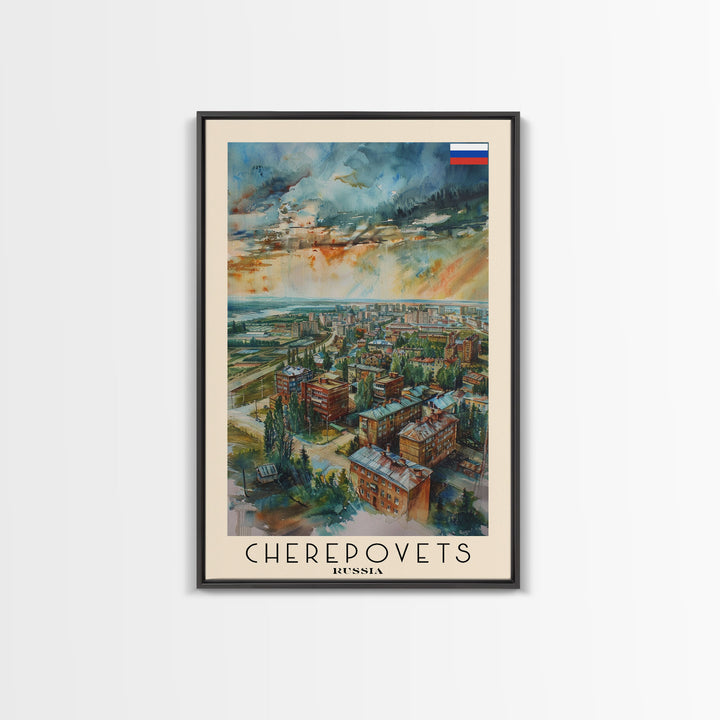 Cherepovets Russia Travel Poster Framed Canvas Print, Wall Art, Home Decor, Travel Print, Abstract Watercolor Painting, Original Art