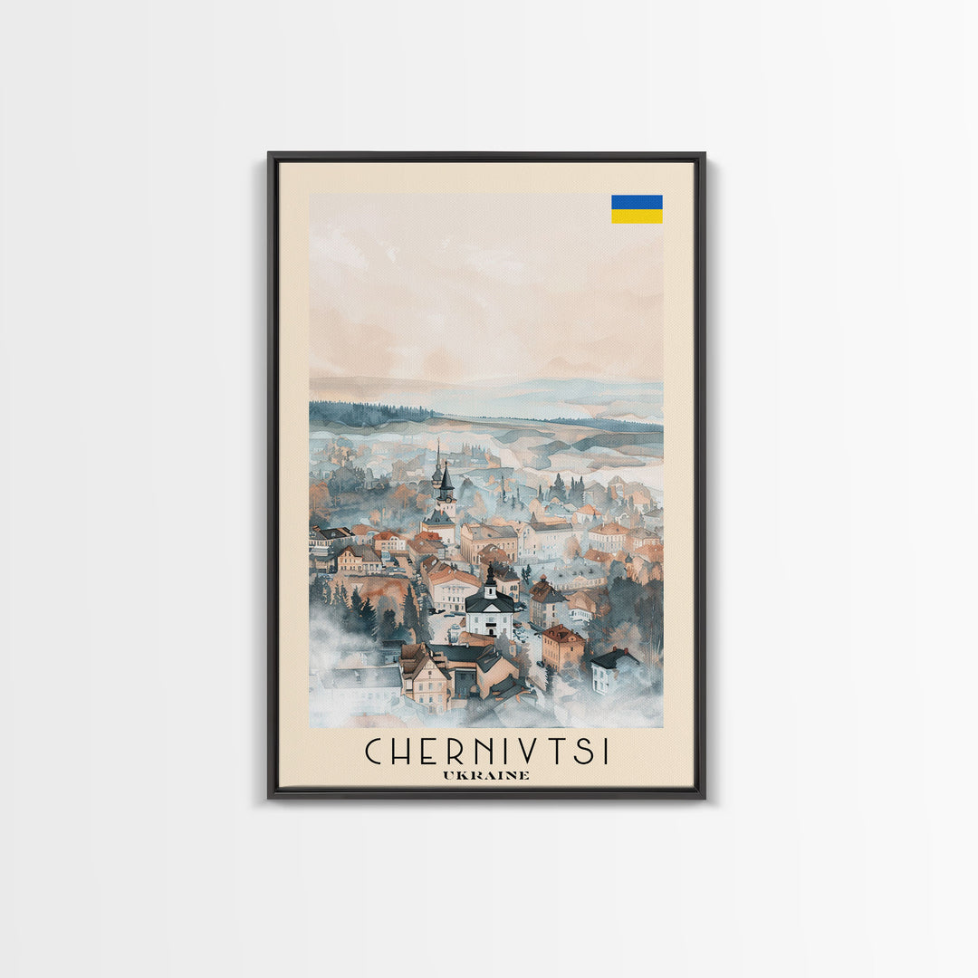 Chernivtsi Ukraine Travel Poster Framed Canvas Print, Wall Art, Home Decor, Travel Print, Minimalist Watercolor Painting, Original Art