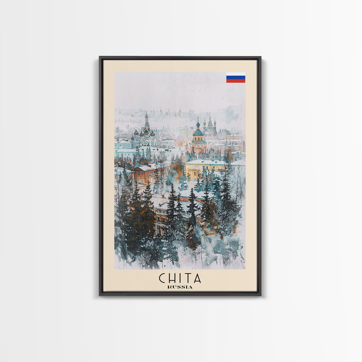 Chita Russia Travel Poster Framed Canvas Print, Wall Art, Home Decor, Travel Print, Abstract Watercolor Painting, Original Art