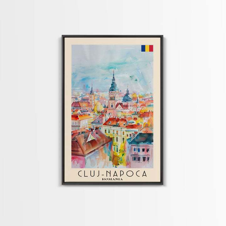 Cluj-Napoca Romania Travel Poster Framed Canvas Print, Wall Art, Home Decor, Travel Print, Boho Watercolor Painting, Original Art