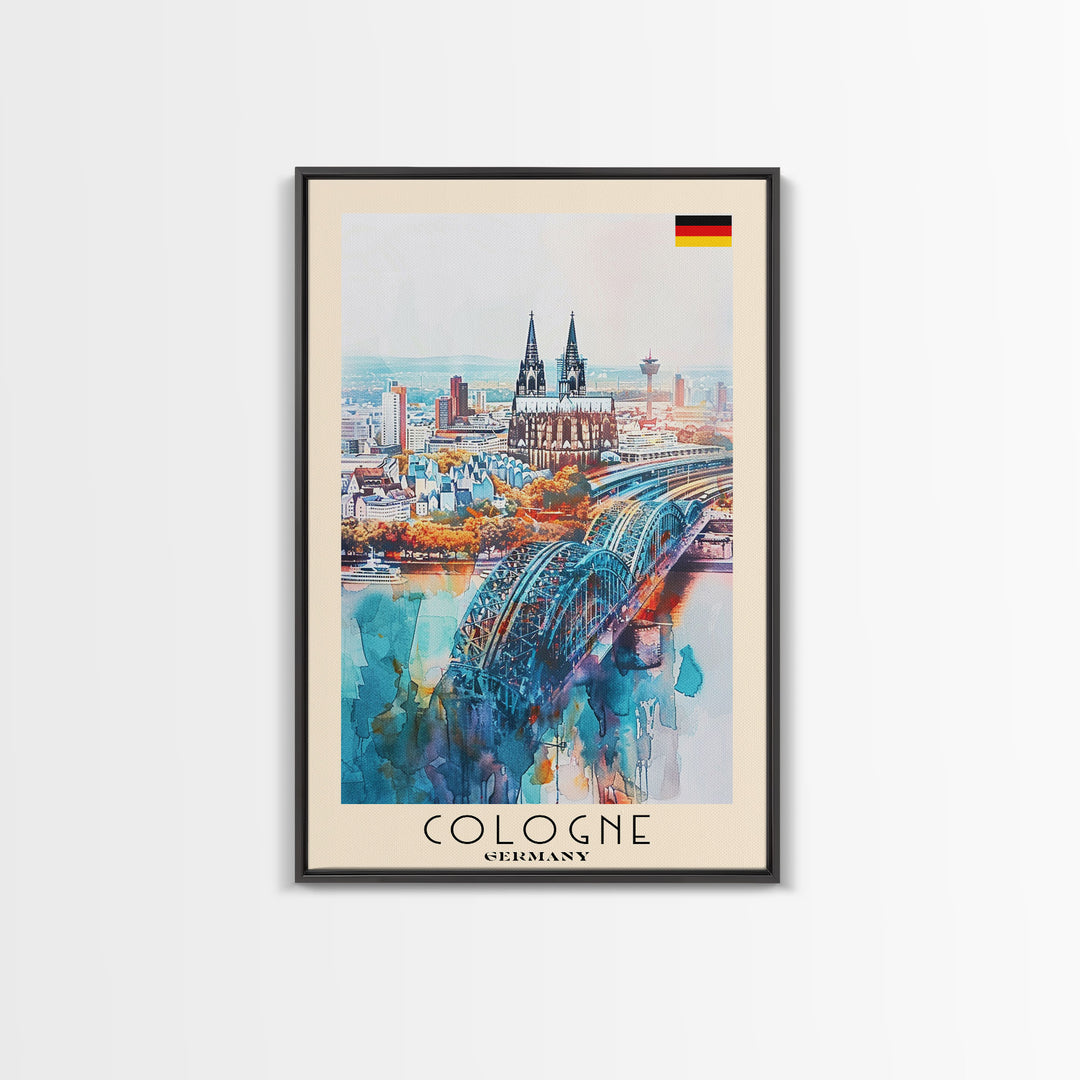 Cologne Germany Watercolor Travel Poster, Wood Framed Canvas Print, Boho Wall Art, Living Room Decor, Original Artwork, Cityscape Home Decor, Travel Print