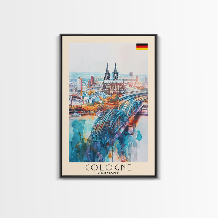 Cologne Germany Watercolor Travel Poster, Wood Framed Canvas Print, Boho Wall Art, Living Room Decor, Original Artwork, Cityscape Home Decor, Travel Print