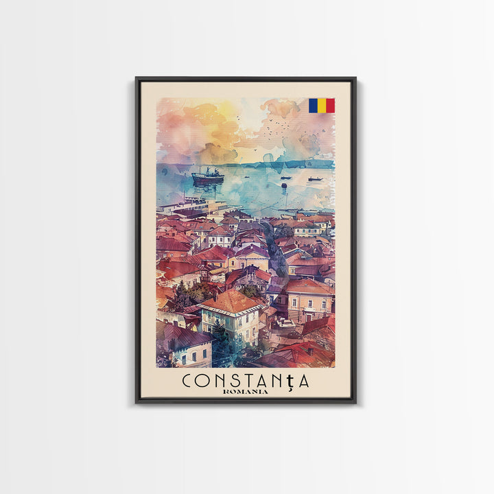 Constanta Romania Framed Canvas Print, Travel Poster Art, Watercolor Painting, Coastal Cityscape Wall Art, Home Decor, Living Room Artwork, Travel Print