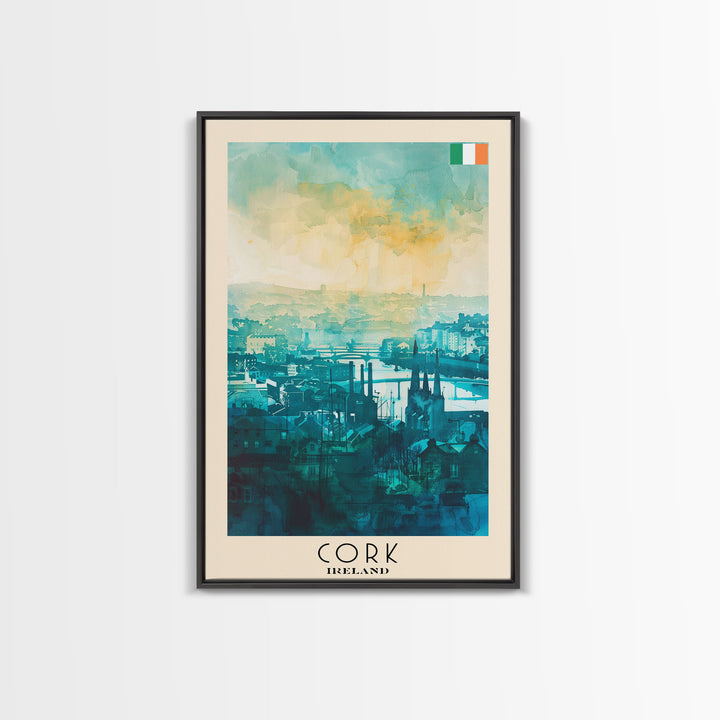 Cork Ireland Watercolor Travel Poster, Framed Canvas Print, Cityscape Wall Art, Home Decoration, Living Room Decor, Original Artwork, Travel Print