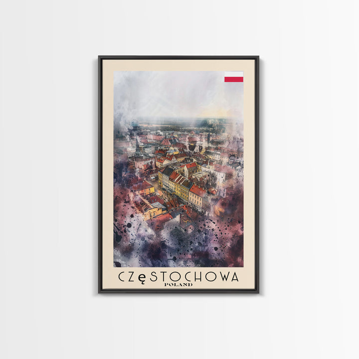 Czestochowa Poland Framed Canvas Print, Watercolor Travel Poster, Cityscape Wall Art, Home Decor, Living Room Artwork, Original Art, Travel Print
