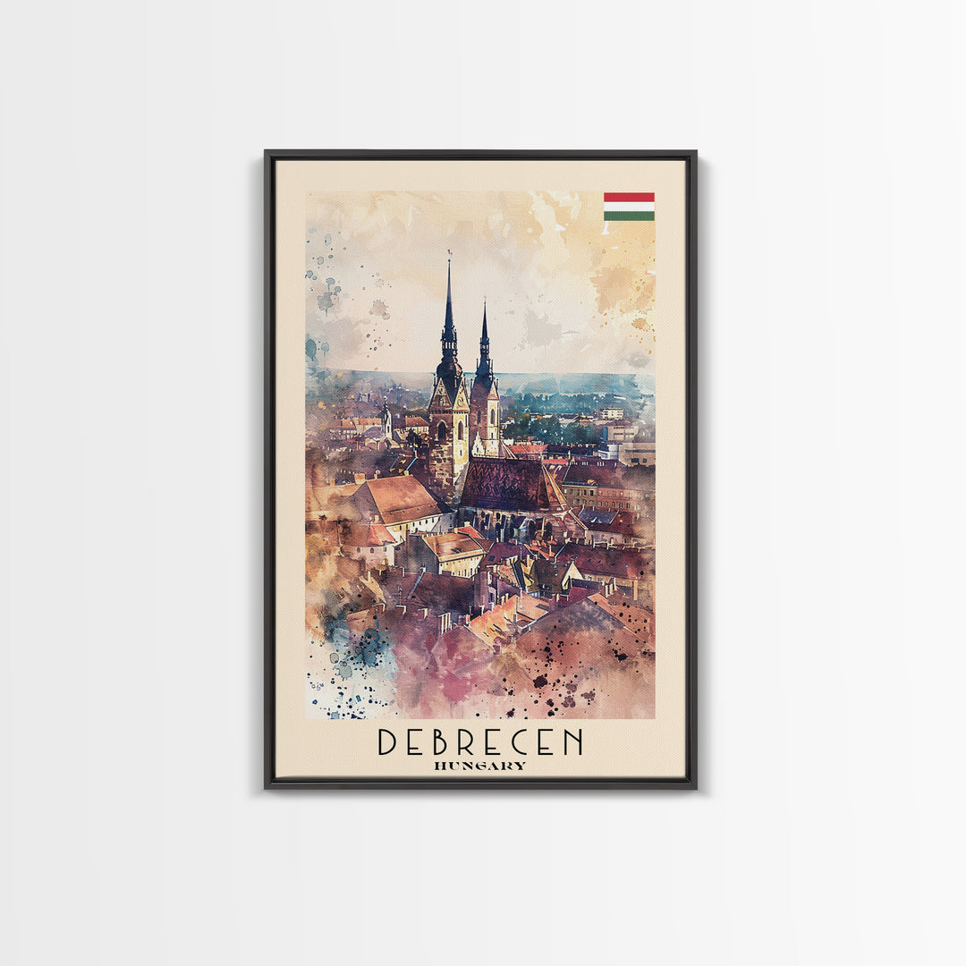 Debrecen Hungary Travel Poster, Framed Canvas Print, Watercolor Cityscape, Home Decor, Living Room Wall Art, Original Painting, Travel Print