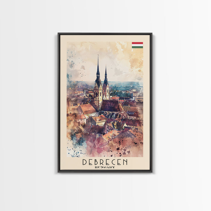 Debrecen Hungary Travel Poster, Framed Canvas Print, Watercolor Cityscape, Home Decor, Living Room Wall Art, Original Painting, Travel Print