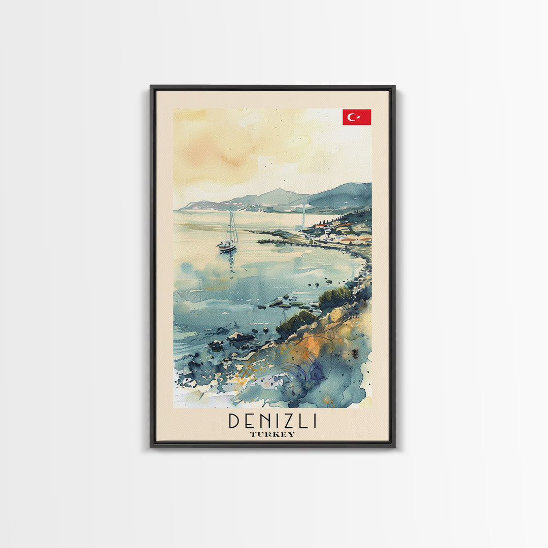 Denizli Turkey Watercolor Travel Poster, Framed Canvas Print, Coastal Cityscape Wall Art, Home Decor, Living Room Decoration, Original Artwork, Travel Print