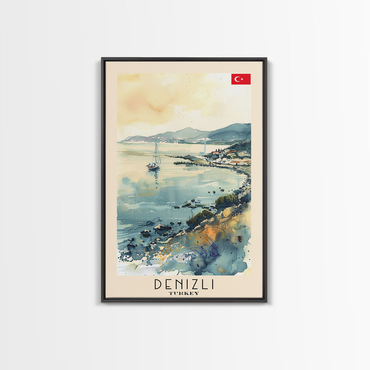 Denizli Turkey Watercolor Travel Poster, Framed Canvas Print, Coastal Cityscape Wall Art, Home Decor, Living Room Decoration, Original Artwork, Travel Print