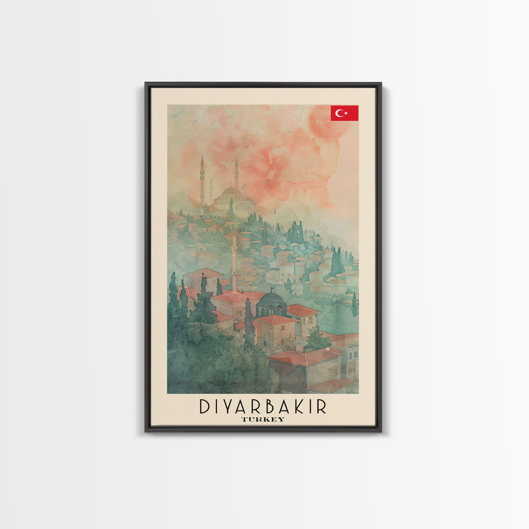 Diyarbakir Turkey Cultural Heritage Framed Canvas Print, Vintage Travel Poster, Turkish Watercolor Art, Exotic Home Decor, Historical Wall Art, Living Room Display