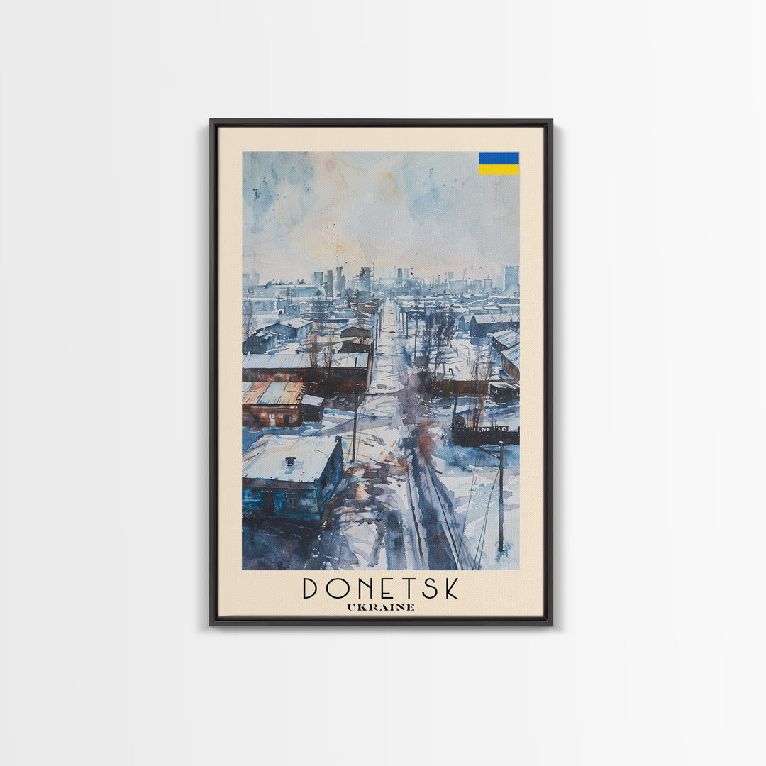 Donetsk Ukraine Winter Scene Framed Canvas Print, Watercolor Travel Poster, Ukrainian Urban Art, Cold Season Decor, Unique Wall Art, Living Room Decoration