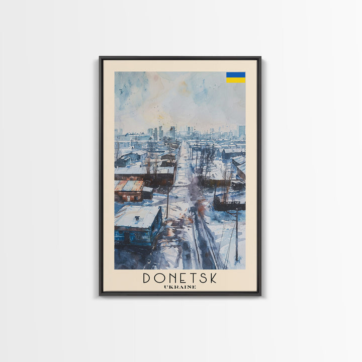 Donetsk Ukraine Winter Scene Framed Canvas Print, Watercolor Travel Poster, Ukrainian Urban Art, Cold Season Decor, Unique Wall Art, Living Room Decoration