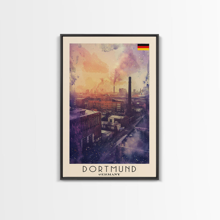 Dortmund Germany Industrial Cityscape Framed Canvas Print, Watercolor Travel Poster, German Urban Art, Modern Home Decor, Industrial Wall Art, Living Room Design