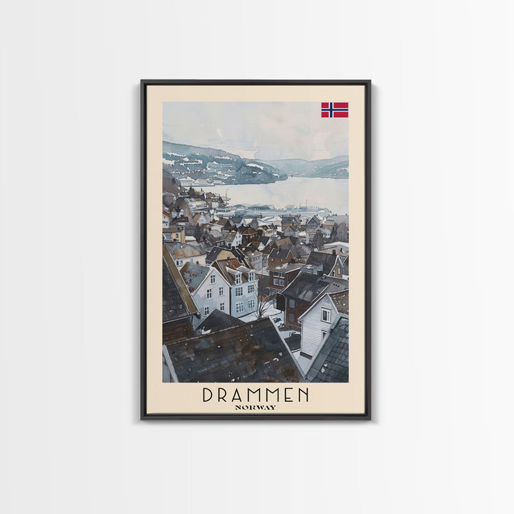 Drammen Norway Serene Landscape Framed Canvas Print, Watercolor Travel Poster, Norwegian Scenic Art, Tranquil Home Decor, Peaceful Wall Art, Living Room Beauty