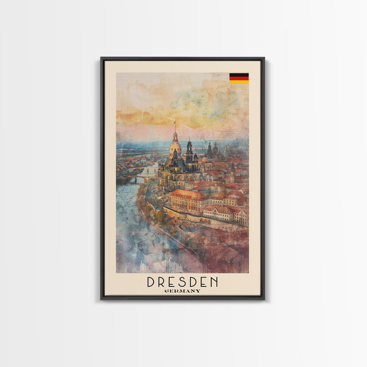 Dresden Germany Architectural Marvel Framed Canvas Print, Watercolor Travel Poster, German Historical Art, Elegant Home Decor, Classic Wall Art, Living Room Centerpiece
