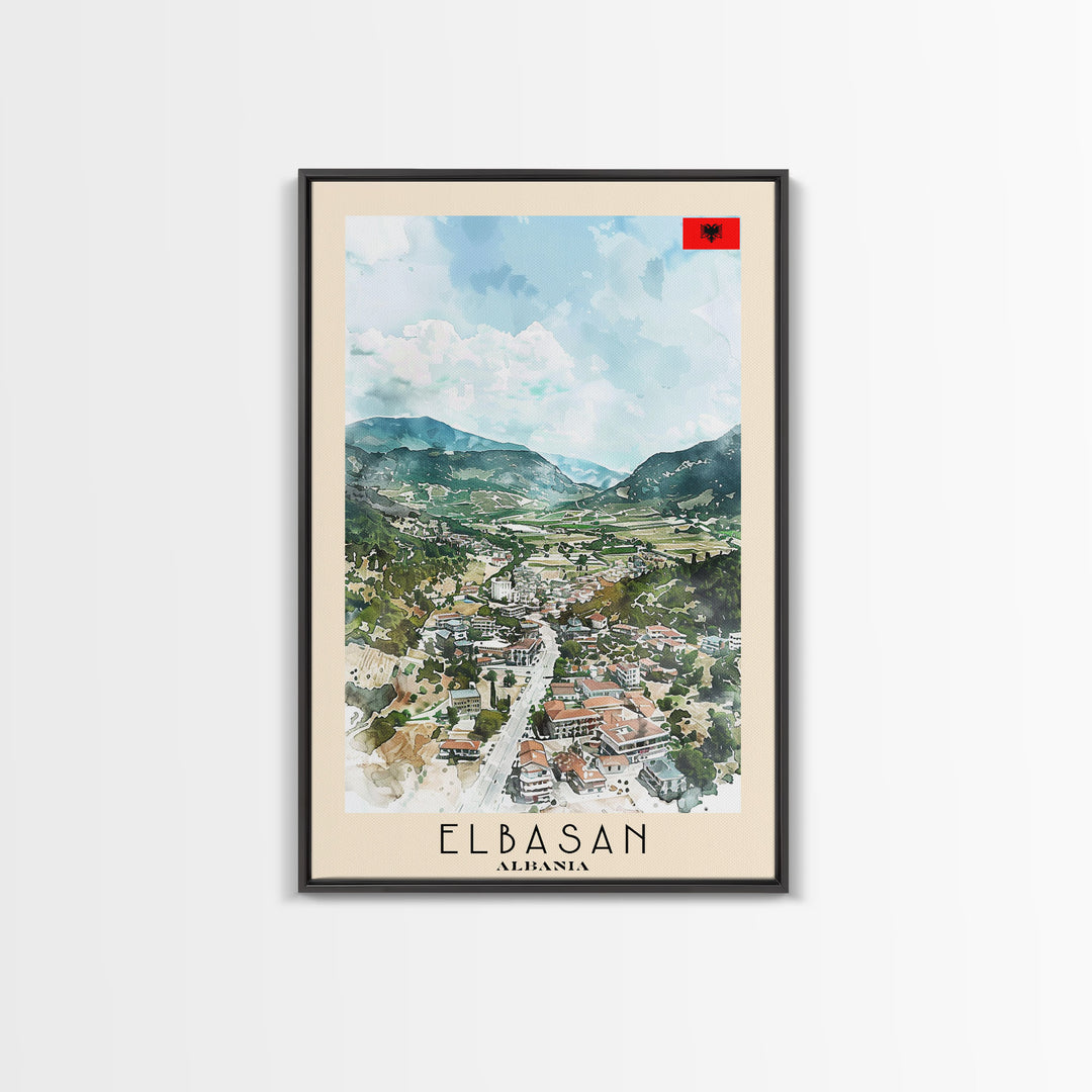 Elbasan, Albania Framed Canvas Print. Mountain Charm Wall Art for Living Room or Bedroom, Scenic Travel Poster Decor.