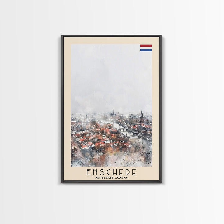 Enschede, Netherlands Framed Canvas Print. Urban Winter Wall Art for Living Room or Bedroom Decor, Travel Poster Art.