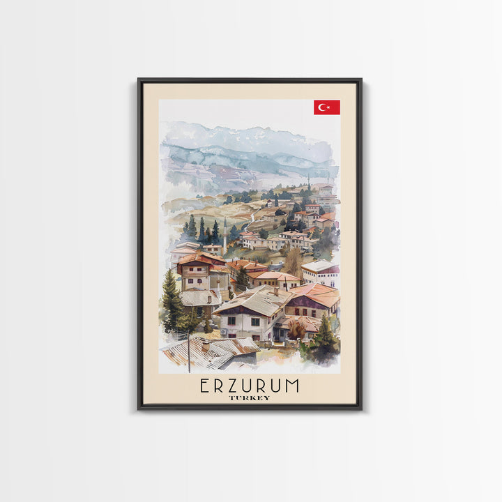 Erzurum Turkey Scenic Watercolor Framed Canvas Print, Stunning Travel Poster Art for Living Room and Bedroom Wall Decor